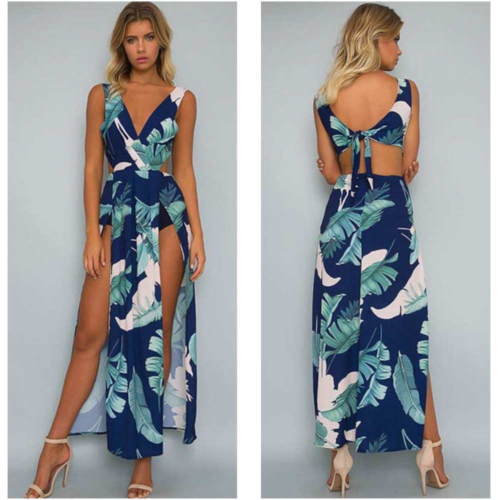 Bohemian Floral Print Front Slits Maxi Dress - Picture 2 of 8